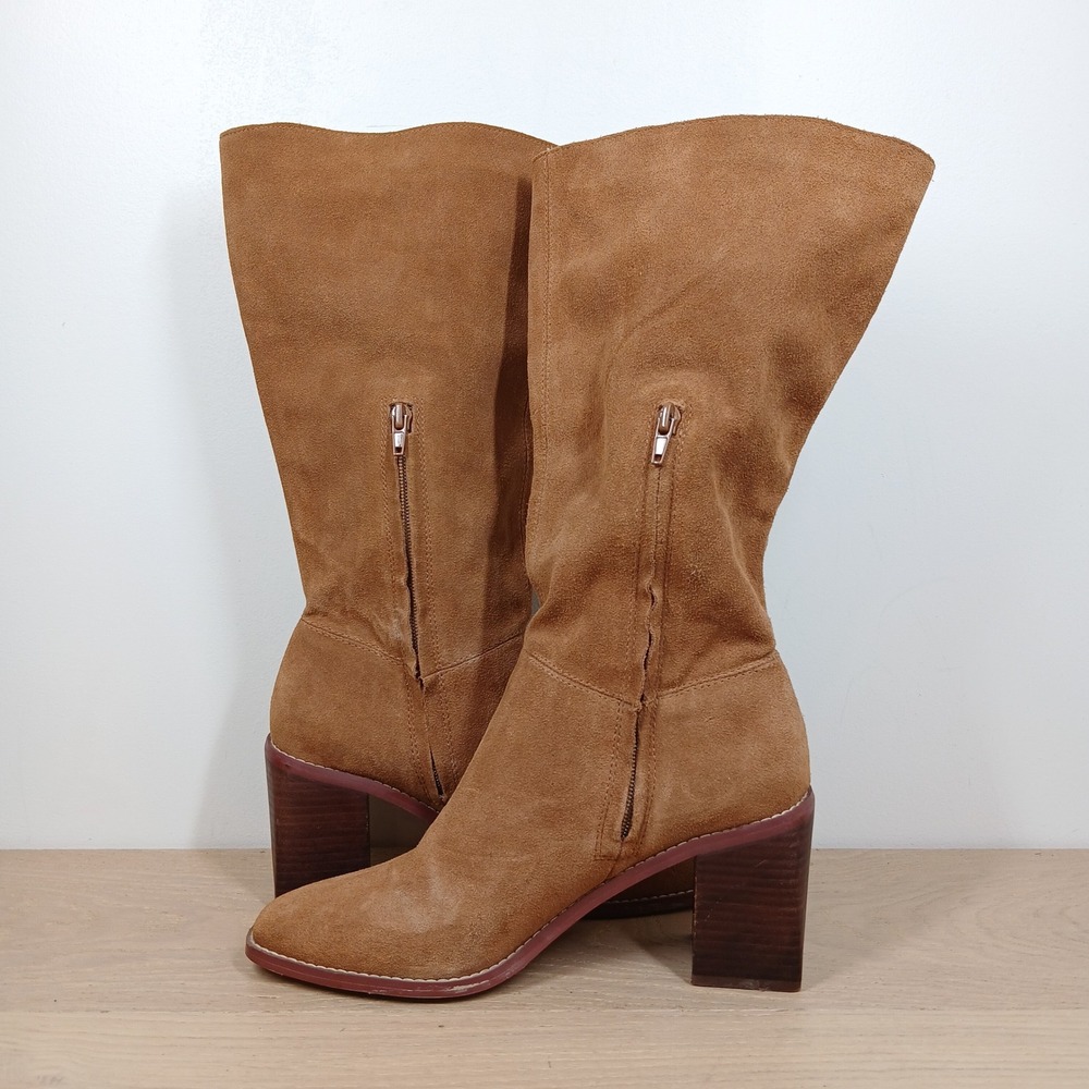 Crown Vintage Mid Calf Slouch Boots Women's 8.5 Tan Suede Block Heel 70s Retro - Picture 5 of 12